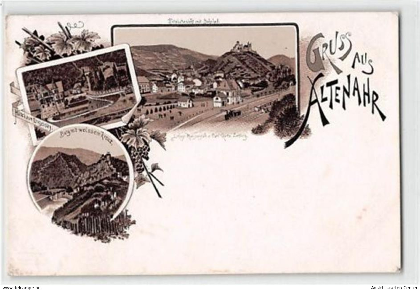 39116904 - Lithographie Altenahr Mit Hotel Zur Engelsley, Bahnhof Und Burg Mit Weissem Kreuz Ungelaufen  Ecken Mit Albu - Bad Neuenahr-Ahrweiler