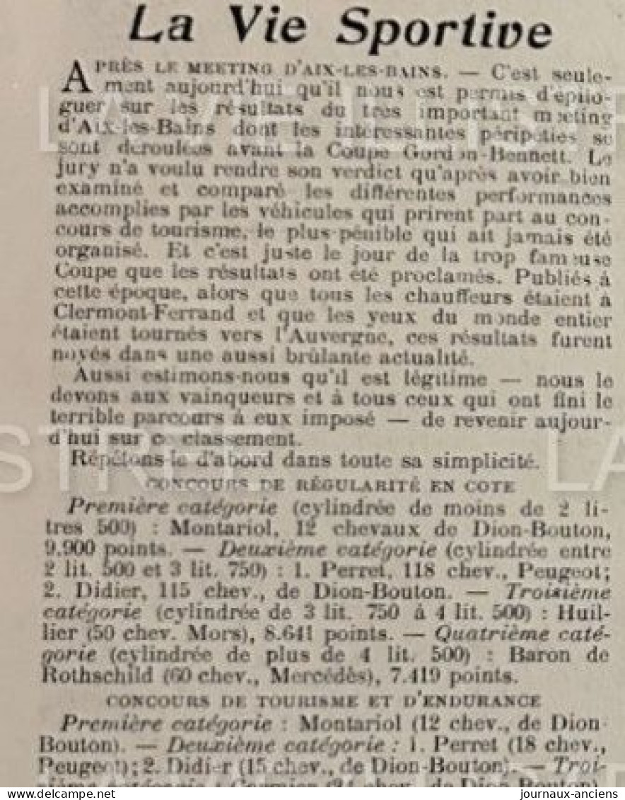 1905 COURSE AUTOMOBILE - LE MEETING D'AIX LES BAINS - VOITURES DE DION BOUTON - LA VIE ILLUSTRÉE - 1900 - 1949