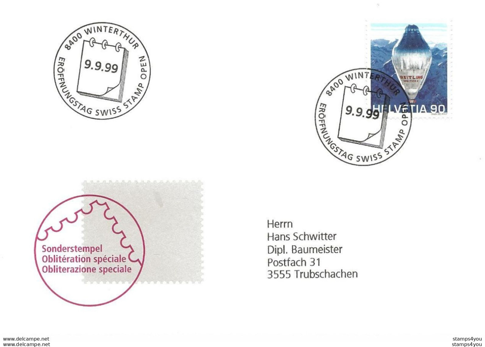 433 - 32 - Enveloppe Avec Oblit Spéciale 9.9.99. Swiss Stamp Open Winterthur 1999 - Marcophilie