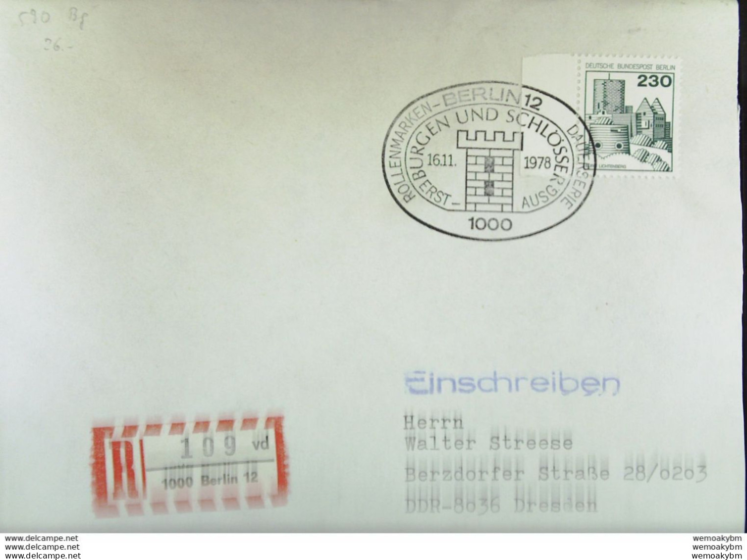 Berlin: FDC-R-Brief Mit 230 Pf Burgen Und Schlösser-Burg Lichtenberg SoSt. BERLIN 12 (109 Vd) Vom 16.11.1978 Knr: 589 Bg - 1971-1980