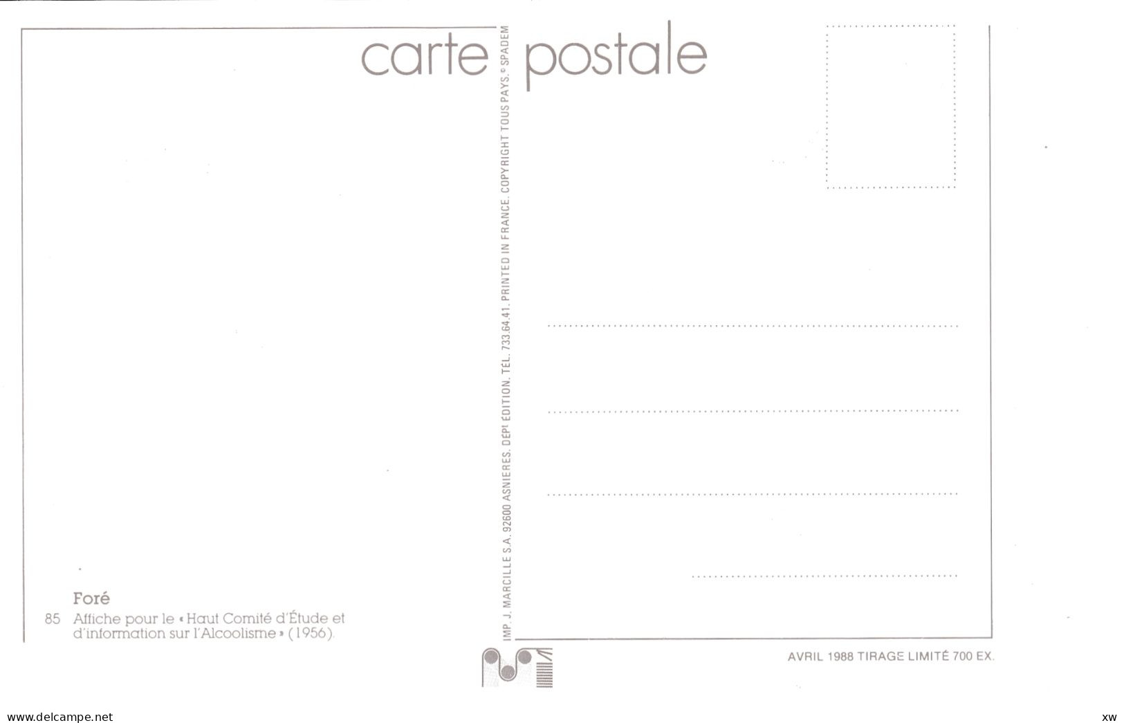 11 CPM -ILLUSTRATEUR - FORE - ALCOOLISME - SANTE SOBRIETE - 18-04-24 - Fore