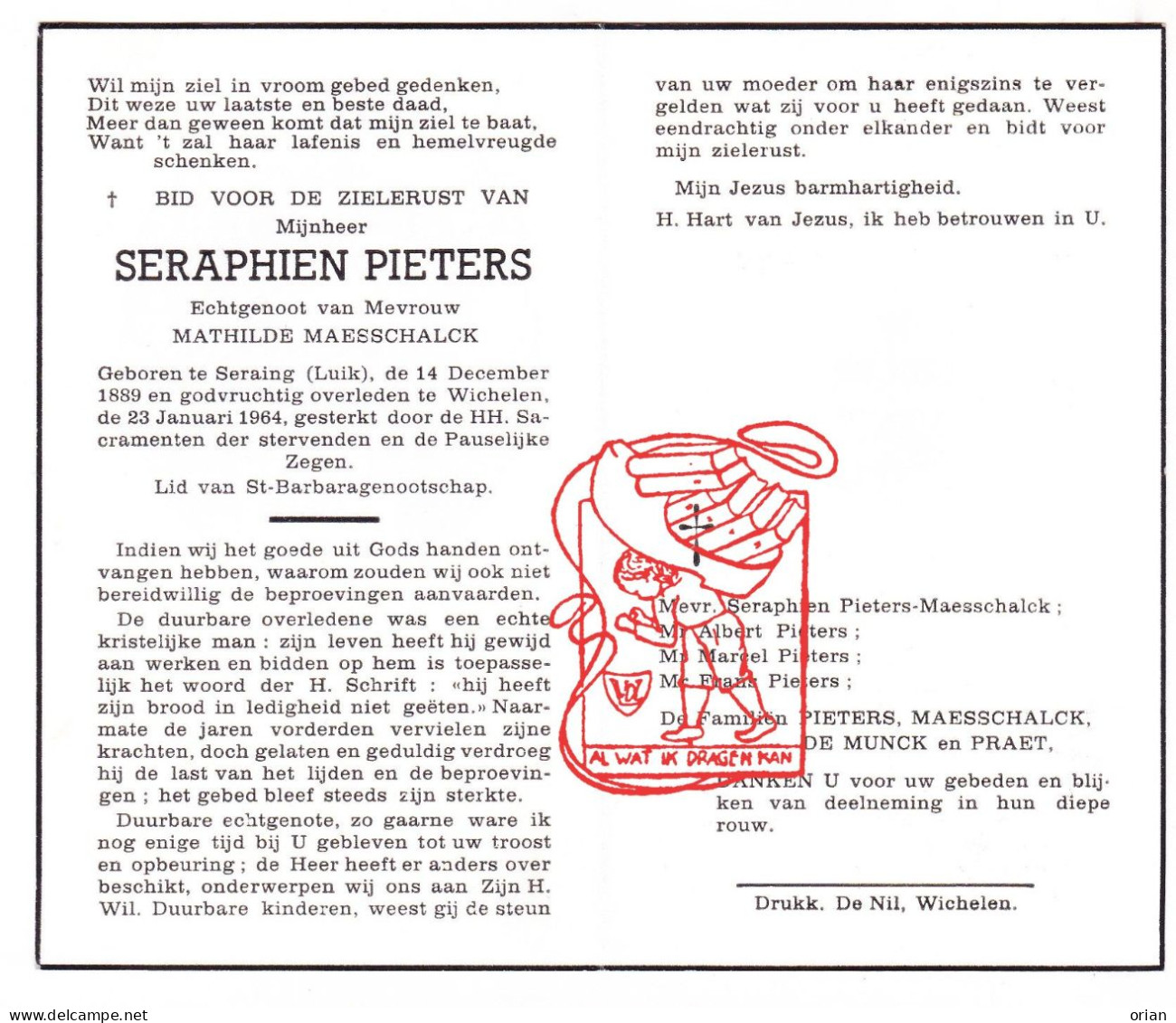 DP Seraphien Pieters ° Seraing 1889 † Wichelen 1964 X Mathilde Maesschalck // De Munck Praet - Images Religieuses