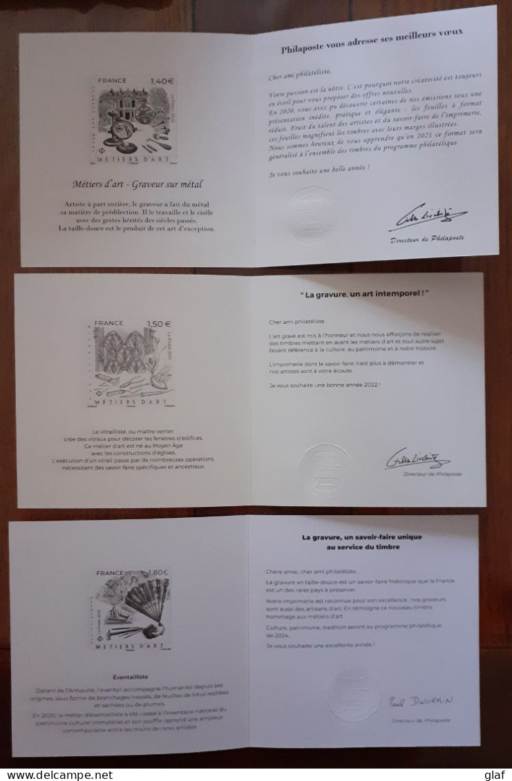 3 Cartons De Vœux Philaposte Avec Gravures Des Timbres Métiers D’art - Documents De La Poste