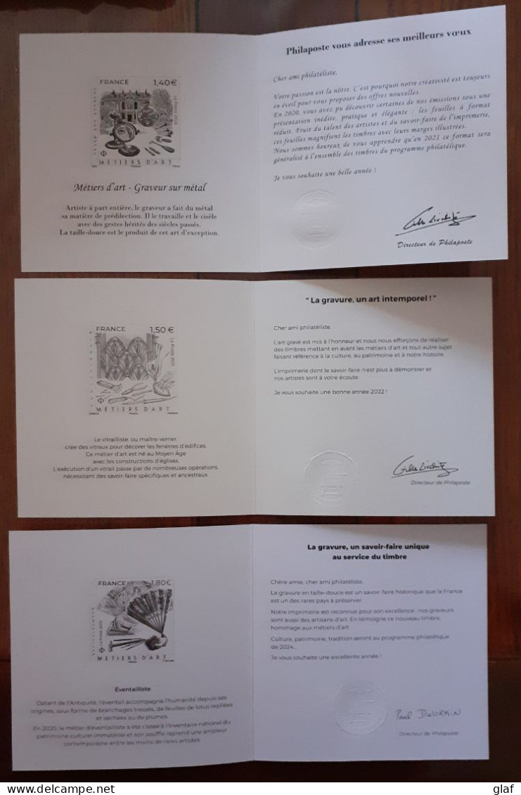 3 Cartons De Vœux Philaposte Avec Gravures Des Timbres Métiers D’art - Documenten Van De Post