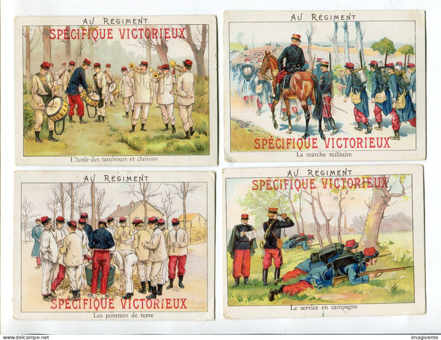 Lot De 4 Images Chromo  Tambours  Marche  Service Pommes De Terre  Spécifique Victorieux Au Régiment - Autres & Non Classés