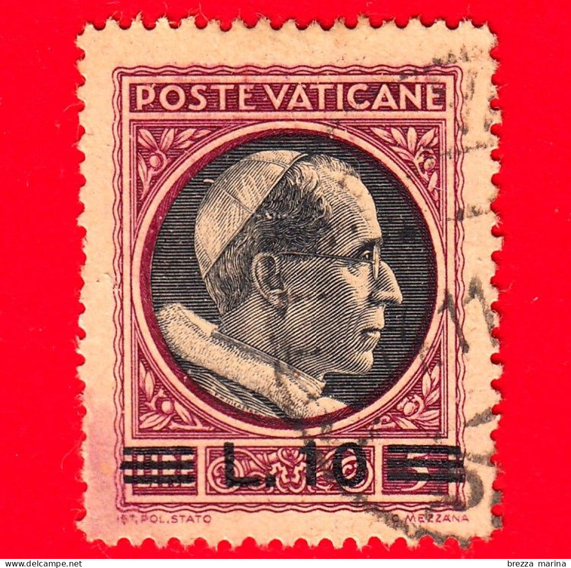 VATICANO - Usato - 1945 - Stemma O Effigie Di Pio XII, Soprastampati - Effigie Di Pio XII Volta A Destra - 10 L. Su 5 - Used Stamps