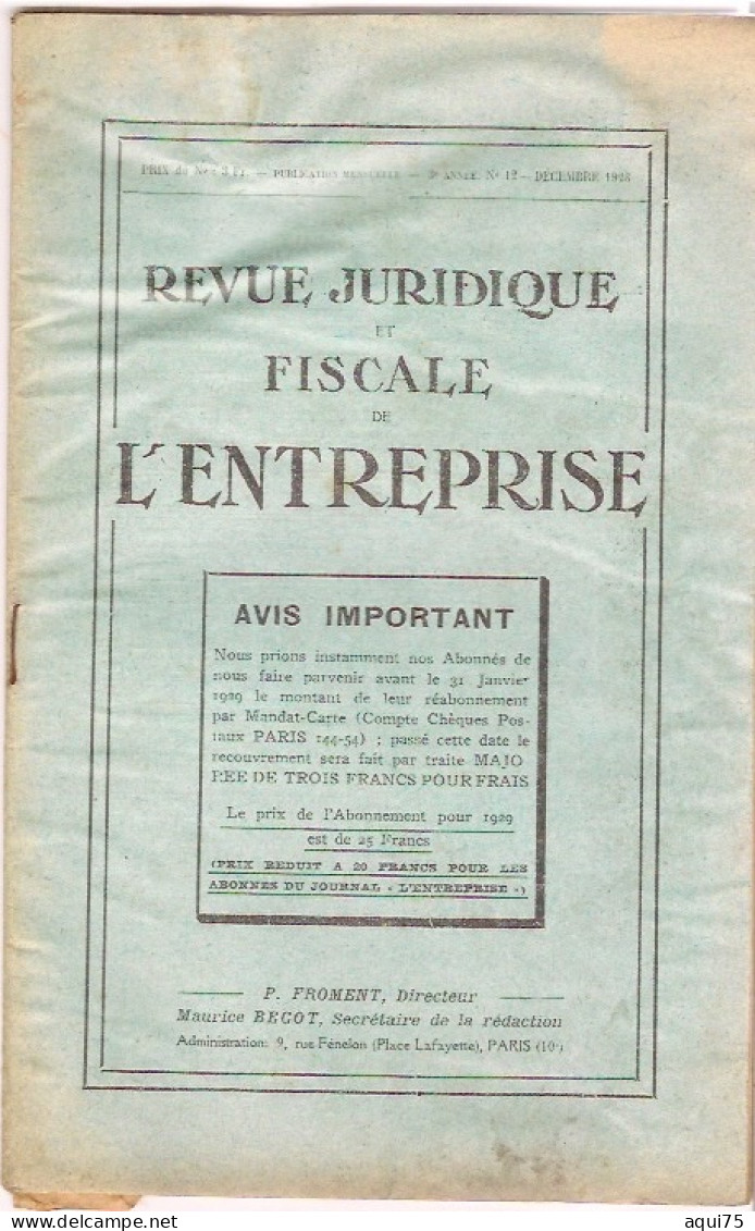 REVUE JURIDIQUE Et FISCALE De L'ENTREPRISE(PUBLICITÉS,taches,accroc Dernière Page) - Boekhouding & Beheer