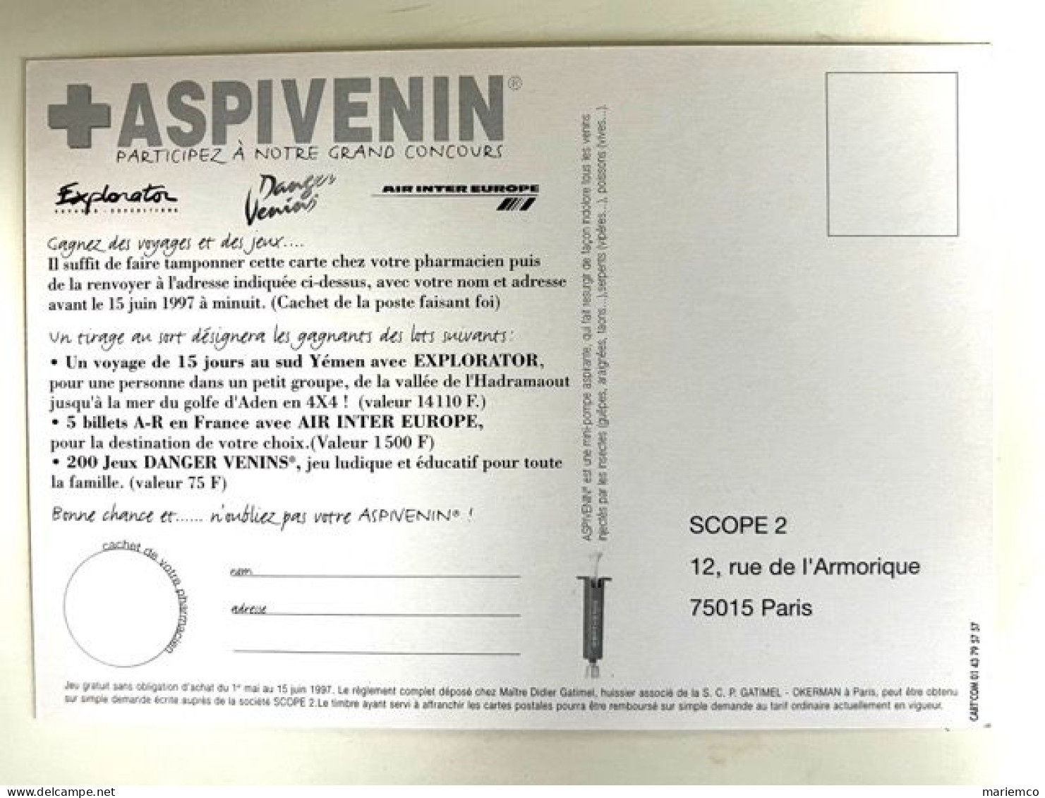 Publicite ASPIVENIN Concours 1997 - Advertising