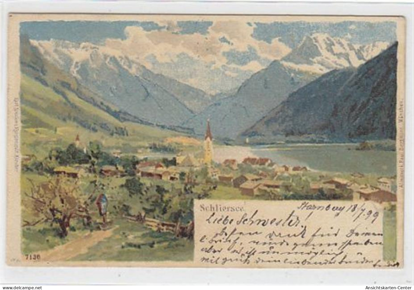 39045804 - Lithographie Schliersee. Totalansicht Gelaufen Am 18.07.1899 Leicht Fleckig, Sonst Gut Erhalten - Bad Wiessee