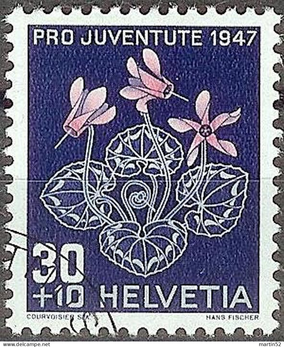 Schweiz Suisse Pro Juventute 1947: Cyclamen Zu WI 124 Mi 491 Yv 448 Mit Eck-Stempel PTT-MUSEUM (Zumstein CHF 13.00) - Usati