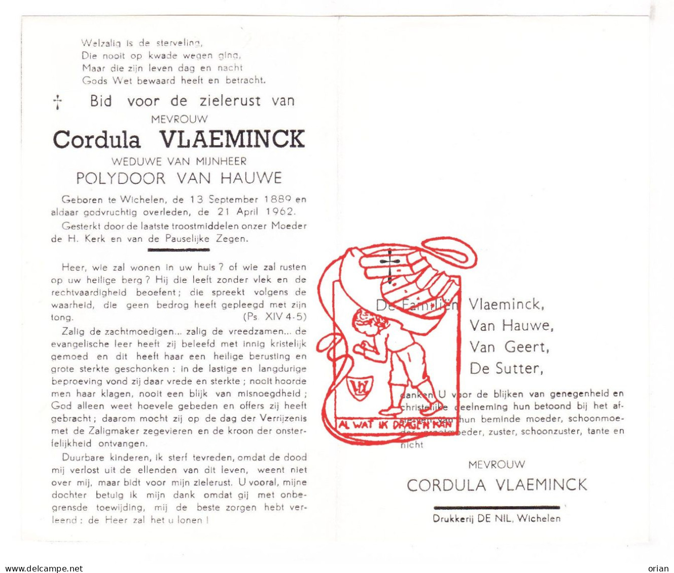 DP Cordula Vlaeminck ° Wichelen 1889 † 1962 X Polydoor Van Hauwe // Van Geert De Sutter - Devotieprenten