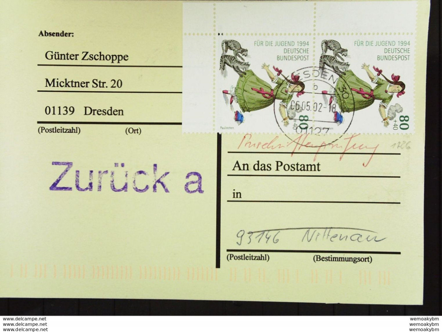 BRD: Anschriftenprüfkarte, Portogerechte MeF Vom 6.5.02 Dresden 30 Nach Nittenau, Rs. Bearb.-Vermerke Knr: 1726 (2) Eckr - Briefe U. Dokumente