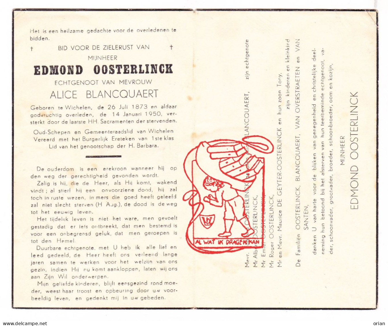 DP Schepen & Gemeenteraadslid - Edmond Oosterlinck ° Wichelen 1873 † 1950 Blancquaert De Geyter Van Overstraeten Santen - Devotieprenten