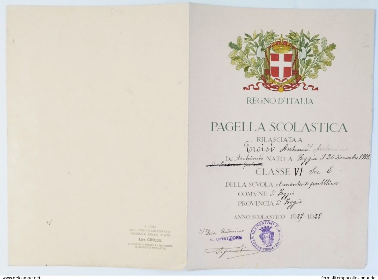 Bp71 Pagella Fascista Opera Balilla Regno D'italia  Foggia 1928 - Diploma's En Schoolrapporten