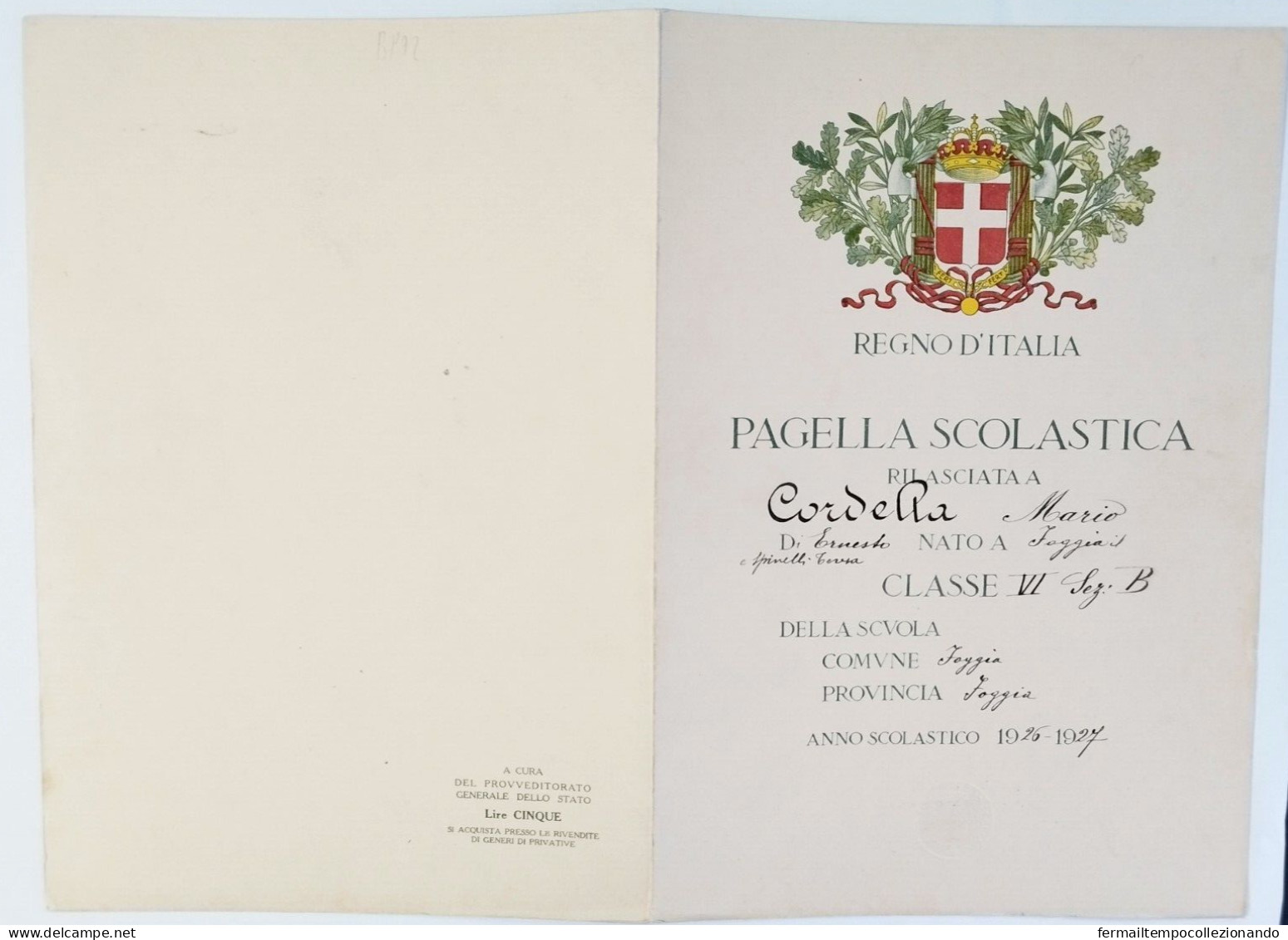 Bp72 Pagella Fascista Opera Balilla Regno D'italia  Foggia 1927 - Diplomas Y Calificaciones Escolares