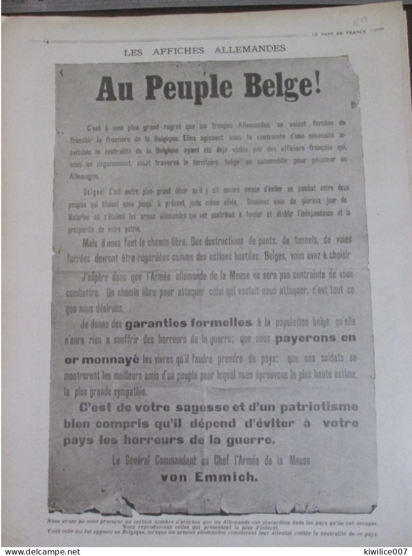 Guerre 14 18  Affiches Allemandes AU PEUPLE BELGE BELGIQUE    Von Emmich - 1914-18