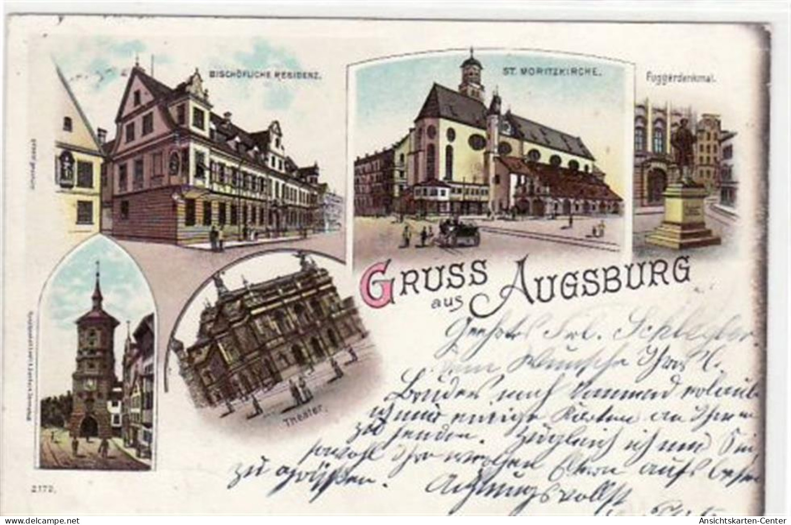 39002804 - Gruss Aus Augsburg. Bischoefliche Residenz Sankt Moritzkirche Fuggerdenkmal Und Theater Gelaufen 1897 Eckbug - Augsburg