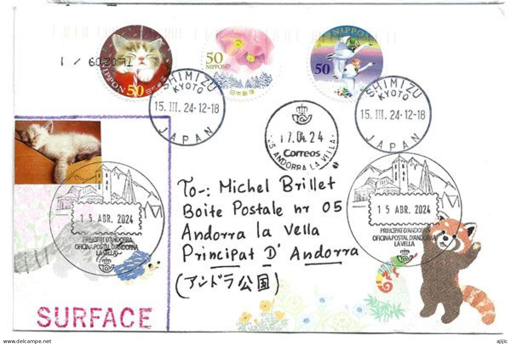 2024: Pets, Letter Surface (no Air Mail Service Japan-Andorra) Round Stamps., Pictures Both Side Of The Letter - Covers & Documents