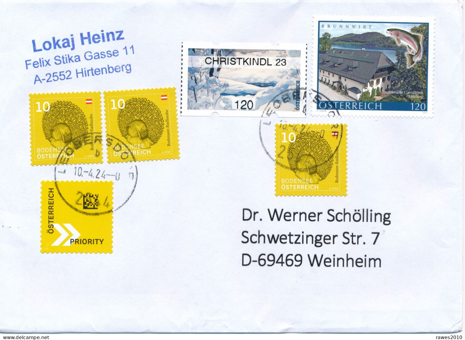 Österreich TGST Leobersdorf 2024 Mi. 3733 Brunnwirt Fisch + 3x Mi. 3514 Radhaube + ATM Christkindl 23 120 C. Winter + Pr - Storia Postale