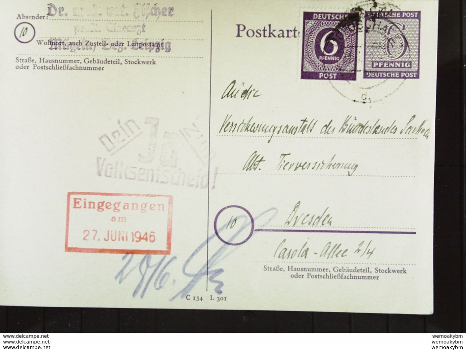SBZ: GA-Fern-Postkarte Mit 6 Pf Der OPD Leipzig Mit Zusatzfrankatur, Violetter Gummi-Stpl "Dein JA Zum Volksentscheid" - Postwaardestukken