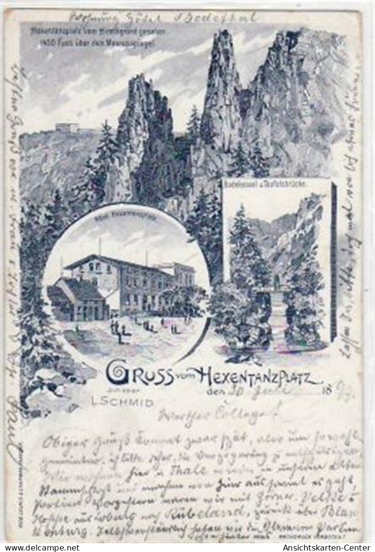 39011204 - Lithographie Gruss Vom Hexentanzplatz Mit Hotel, Bodekessel Und Teufelsbruecke Gelaufen Von 1897. Leichte Ec - Thale