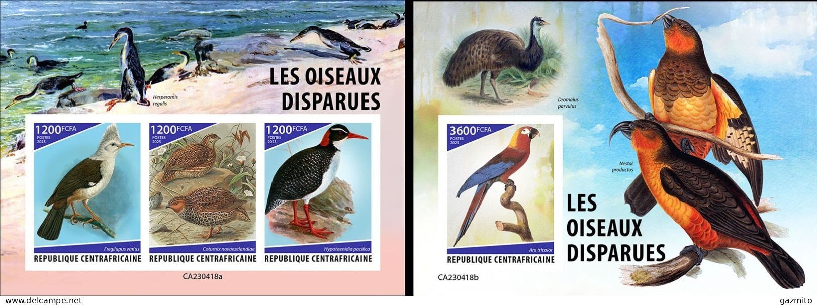 Centrafrica 2023, Animal Extinct, Birds, Parrot, Penguins, 3val In BF+BF IMPERFORATED - Centrafricaine (République)