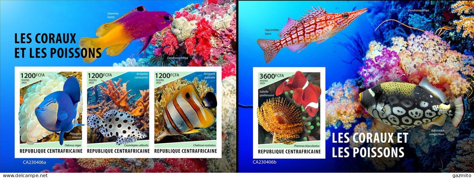 Centrafrica 2023, Animals, Fishes And Corals, 3val In BF+BF IMPERFORATED - Zentralafrik. Republik