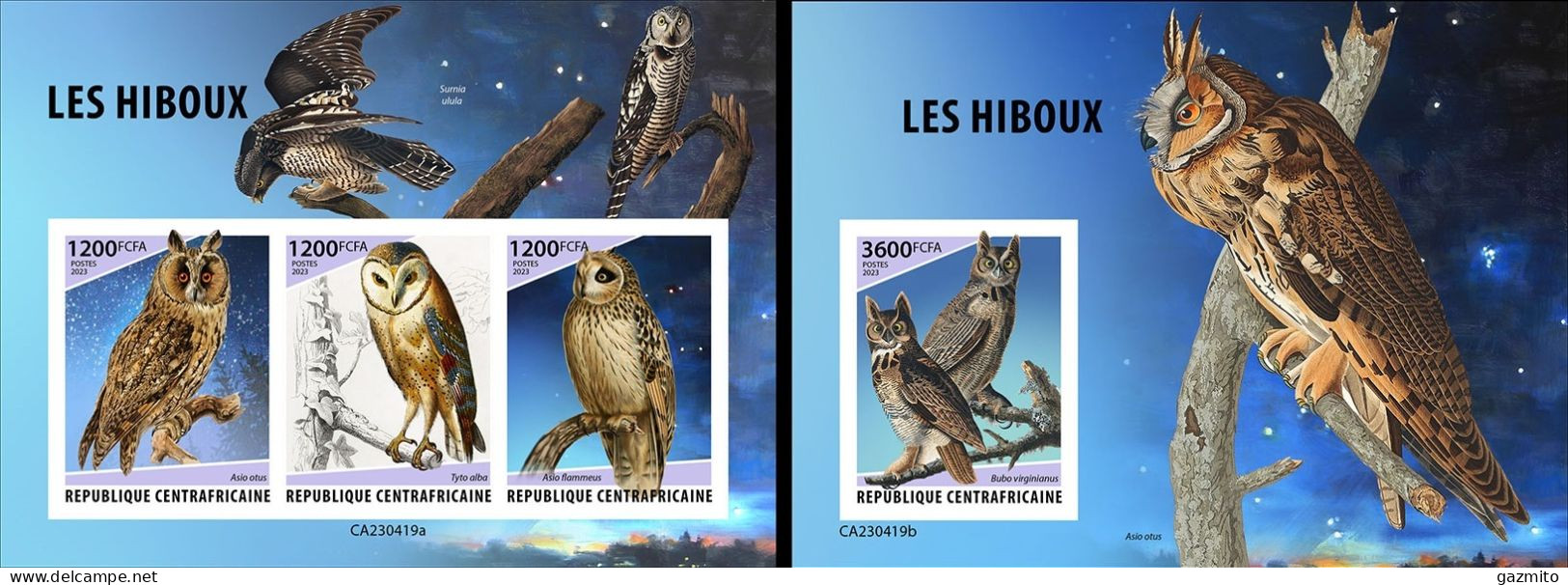 Centrafrica 2023, Animals, Owls, 3val In BF+BF IMPERFORATED - Centrafricaine (République)