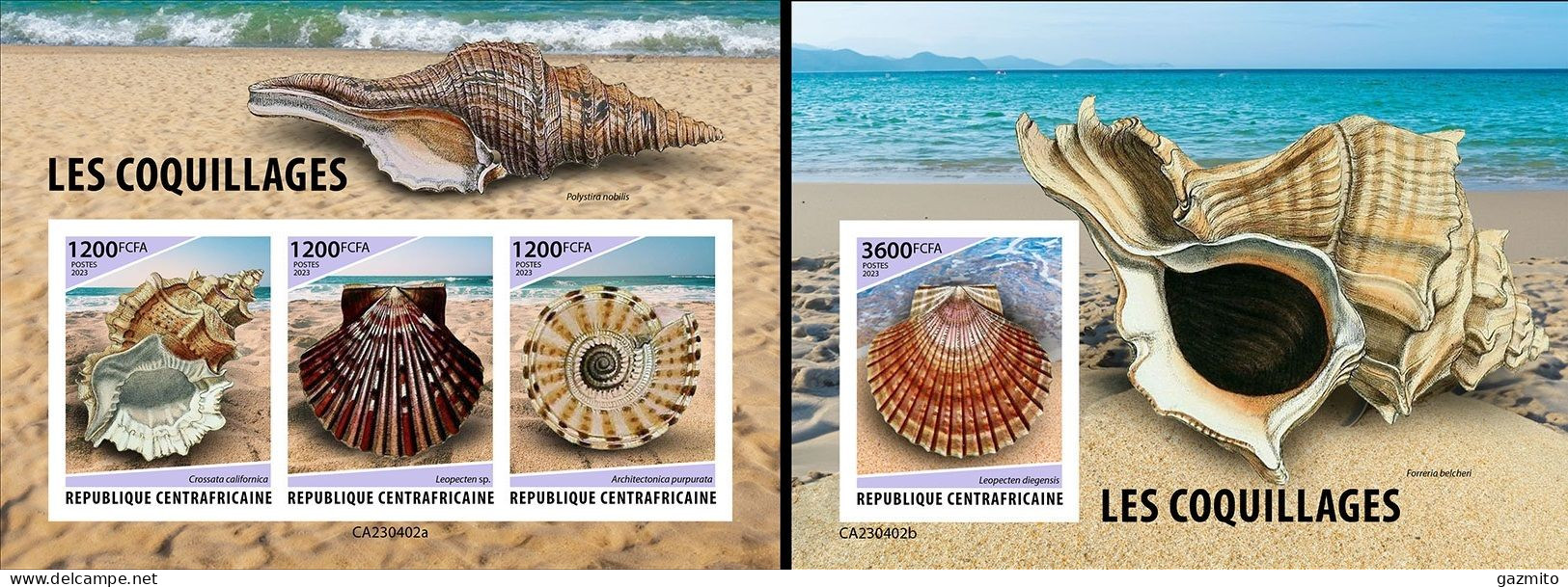 Centrafrica 2023, Shells, 3val In BF+BF IMPERFORATED - Central African Republic