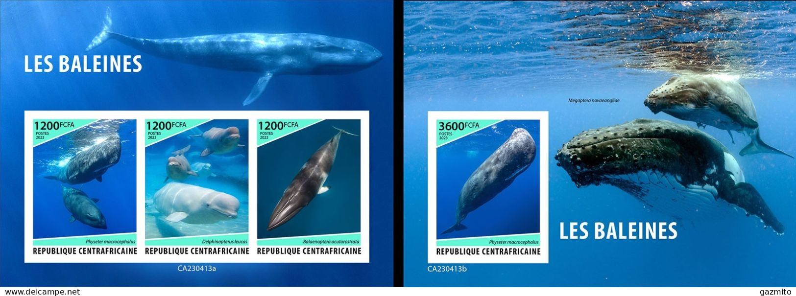 Centrafrica 2023, Animals, Whales, 3val In BF+BF IMPERFORATED - Balene