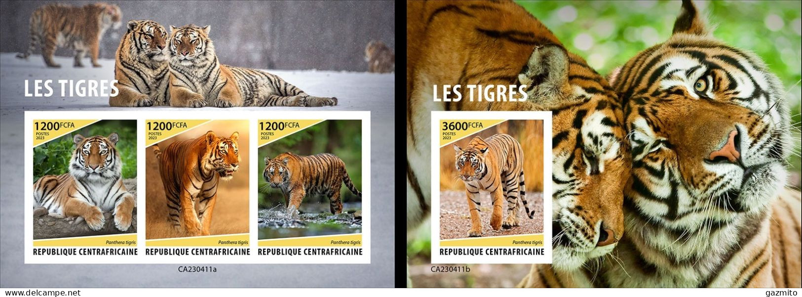 Centrafrica 2023, Animals, Tigers, 3val In BF+BF IMPERFORATED - Felinos