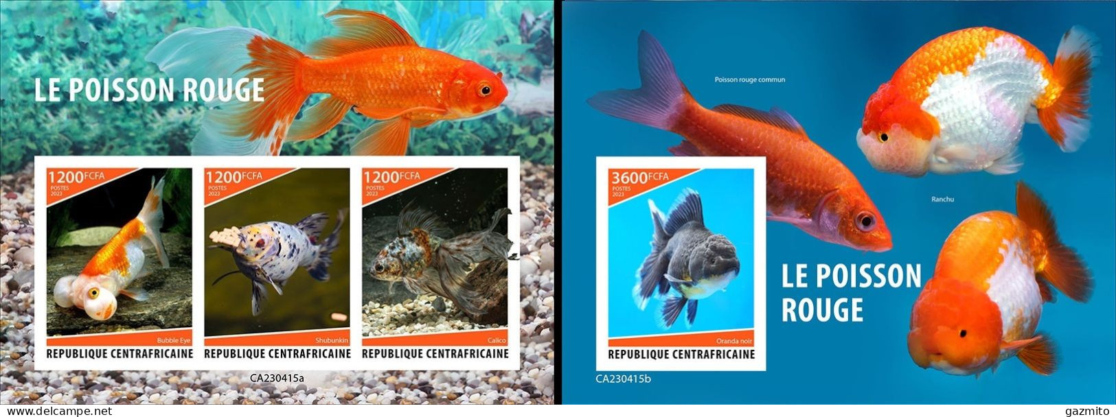 Centrafrica 2023, Animals, Goldfish, 3val In BF+BF IMPERFORATED - Fishes