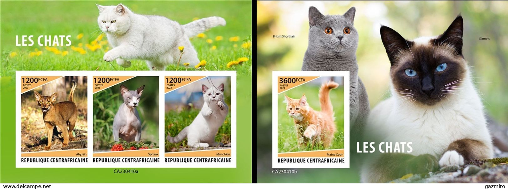 Centrafrica 2023, Animals, Cats, 3val In BF+BF IMPERFORATED - Domestic Cats