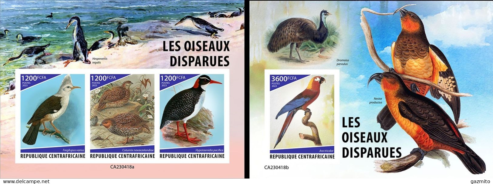 Centrafrica 2023, Animal Extinct, Birds, Parrot, Penguins, 3val In BF+BF IMPERFORATED - Passereaux