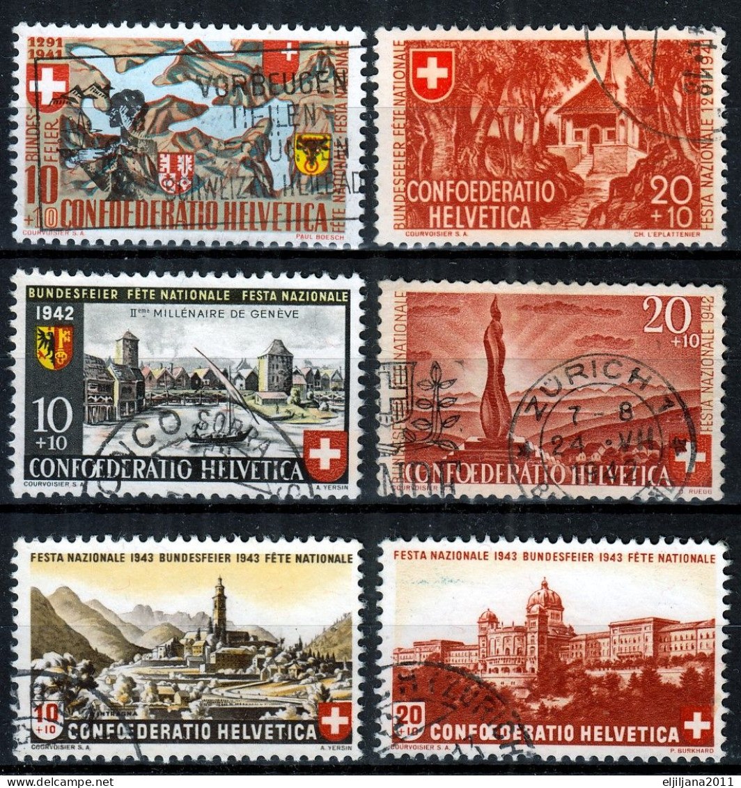 Switzerland / Helvetia / Schweiz / Suisse 1941, 1942, 1943 ⁕ Pro Patria Mi.396/97, Mi.408/09, Mi.420/21 ⁕ 6v Used - Used Stamps