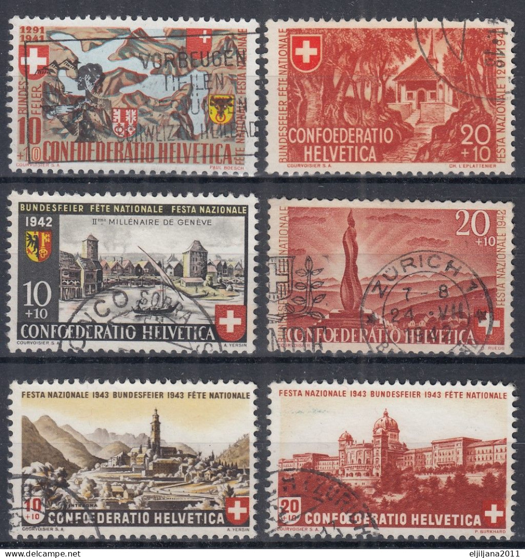 Switzerland / Helvetia / Schweiz / Suisse 1941, 1942, 1943 ⁕ Pro Patria Mi.396/97, Mi.408/09, Mi.420/21 ⁕ 6v Used - Used Stamps