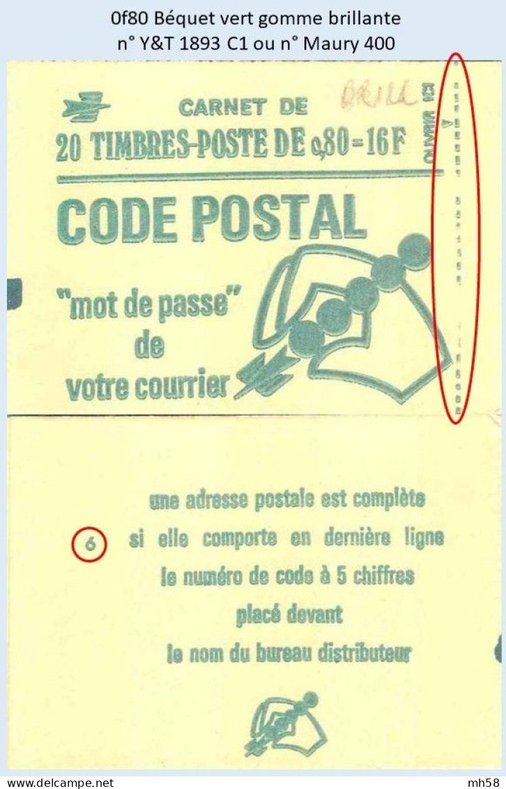 FRANCE - Carnet Conf. 6 Pointillés Interrompus - 0f80 Béquet Vert - YT 1893 C1 / Maury 400 - Modern : 1959-...