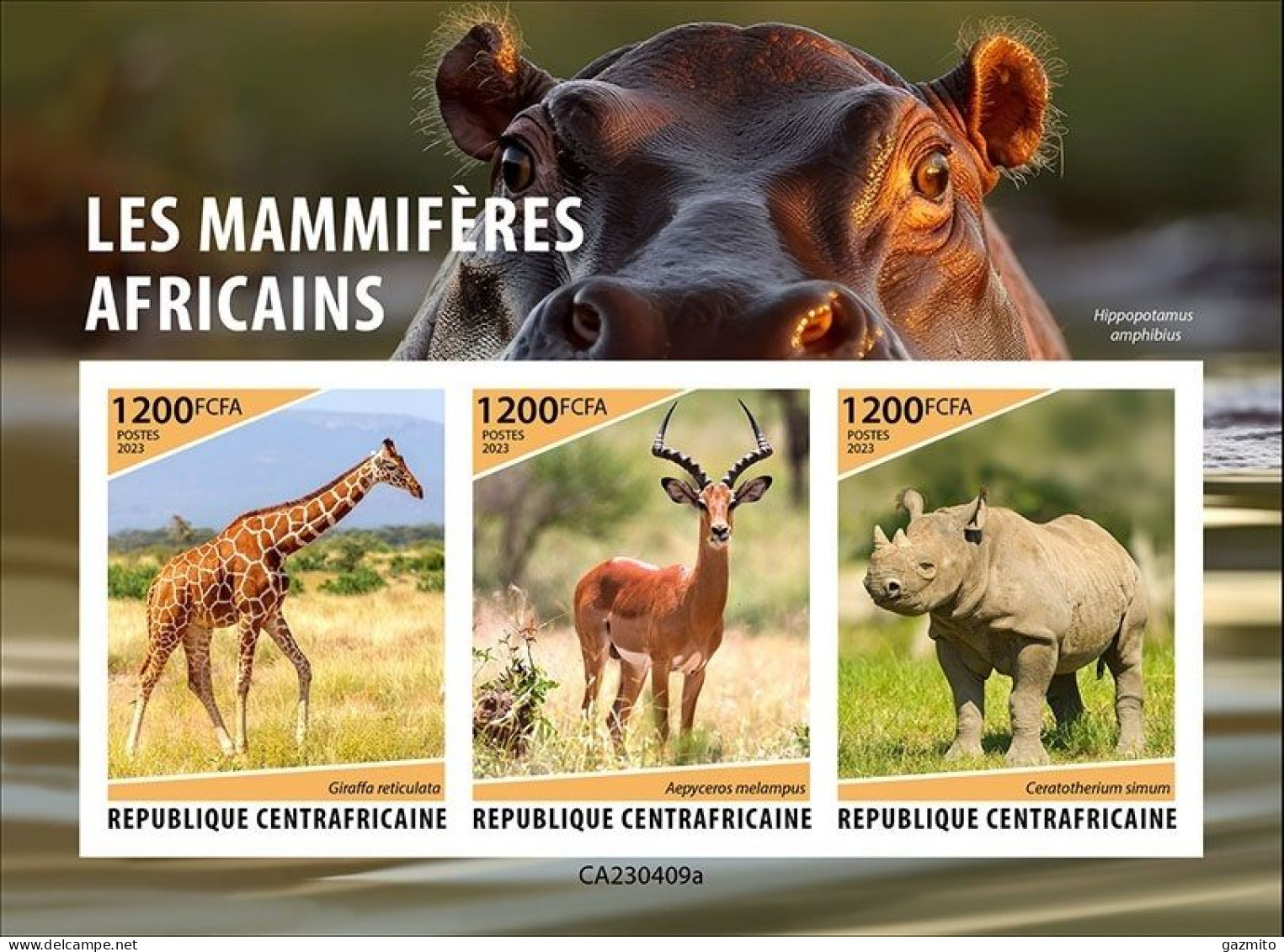 Centrafrica 2023, Animals, Rhino, Hippo, Giraffe, BF IMPERFORATED - Autres & Non Classés