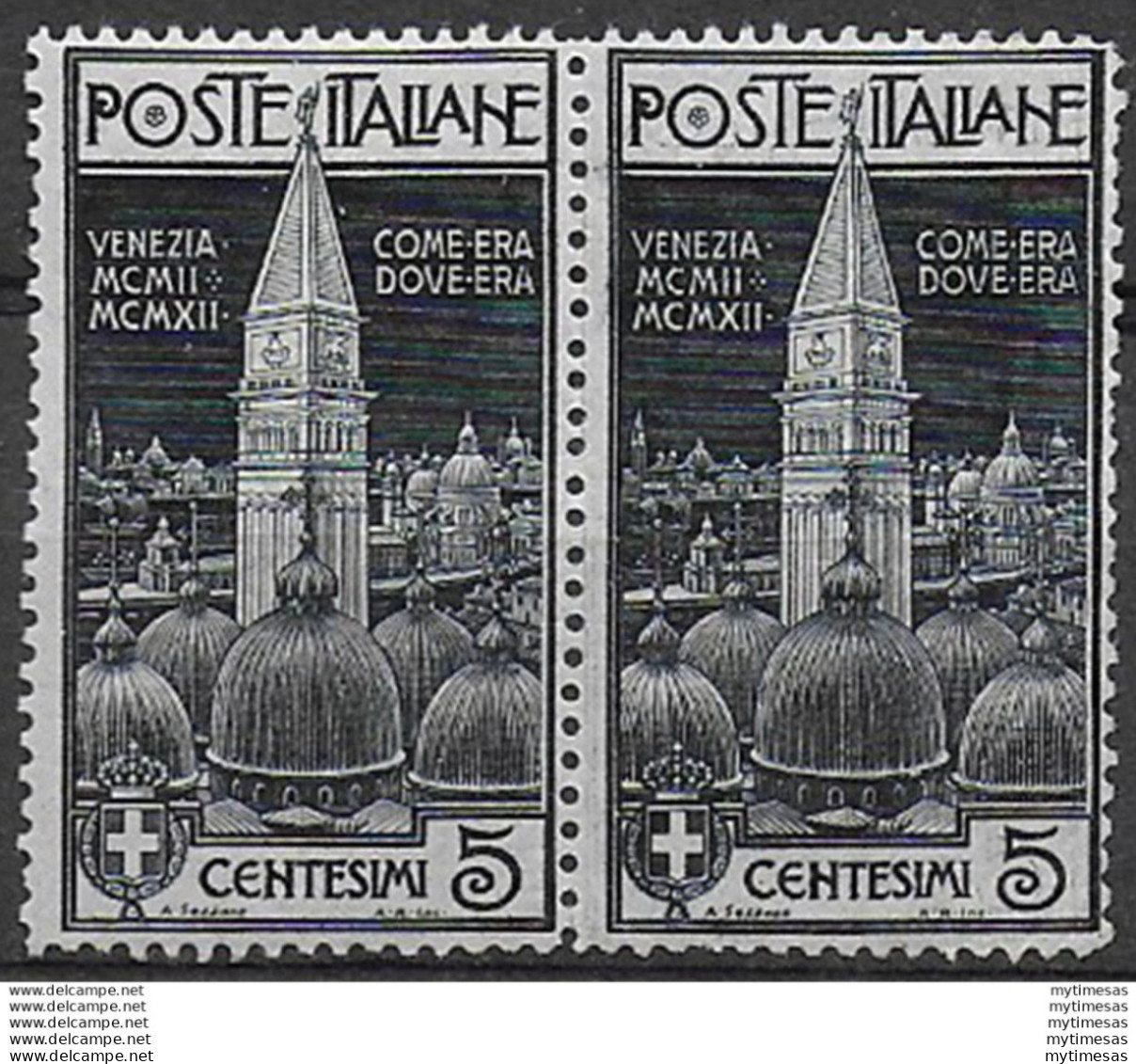 1912 Italia Campanile 5c. Variety MNH Sassone N. 97+97a - Altri & Non Classificati