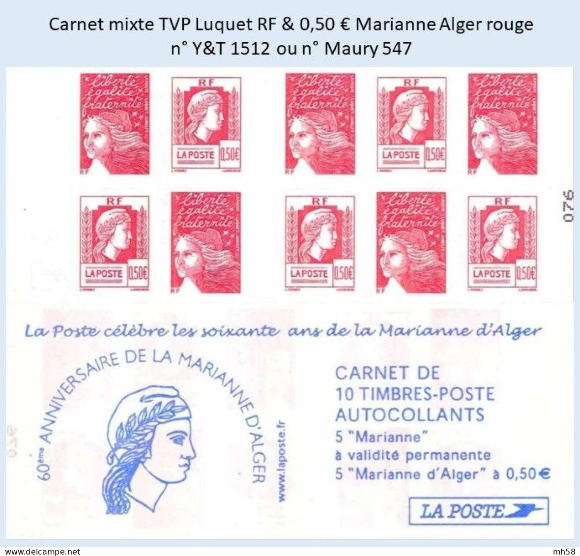 FRANCE - Carnet Mixte TVP Luquet RF 0,50 € Marianne Alger Rouge - YT 1512 / Maury 547 - Moderne : 1959-...