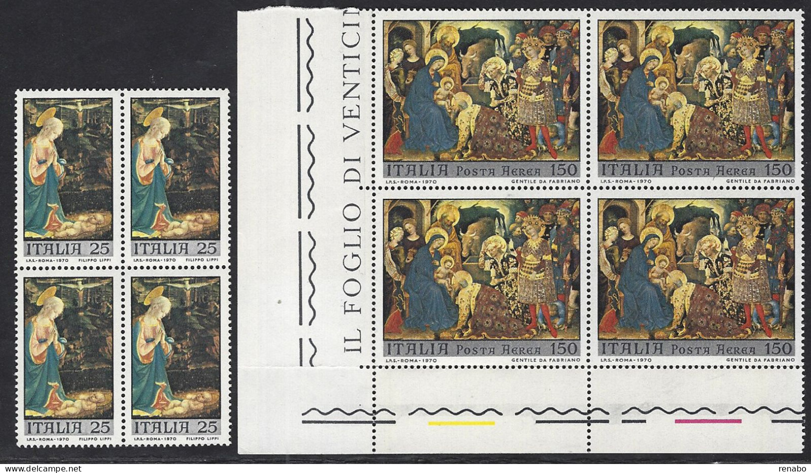 Italia 1970; Natale : Dipinti Con La Madonna . Serie Completa L. 25 + L.150 Posta Aerea: Quartine. - 1961-70: Nieuw/plakker