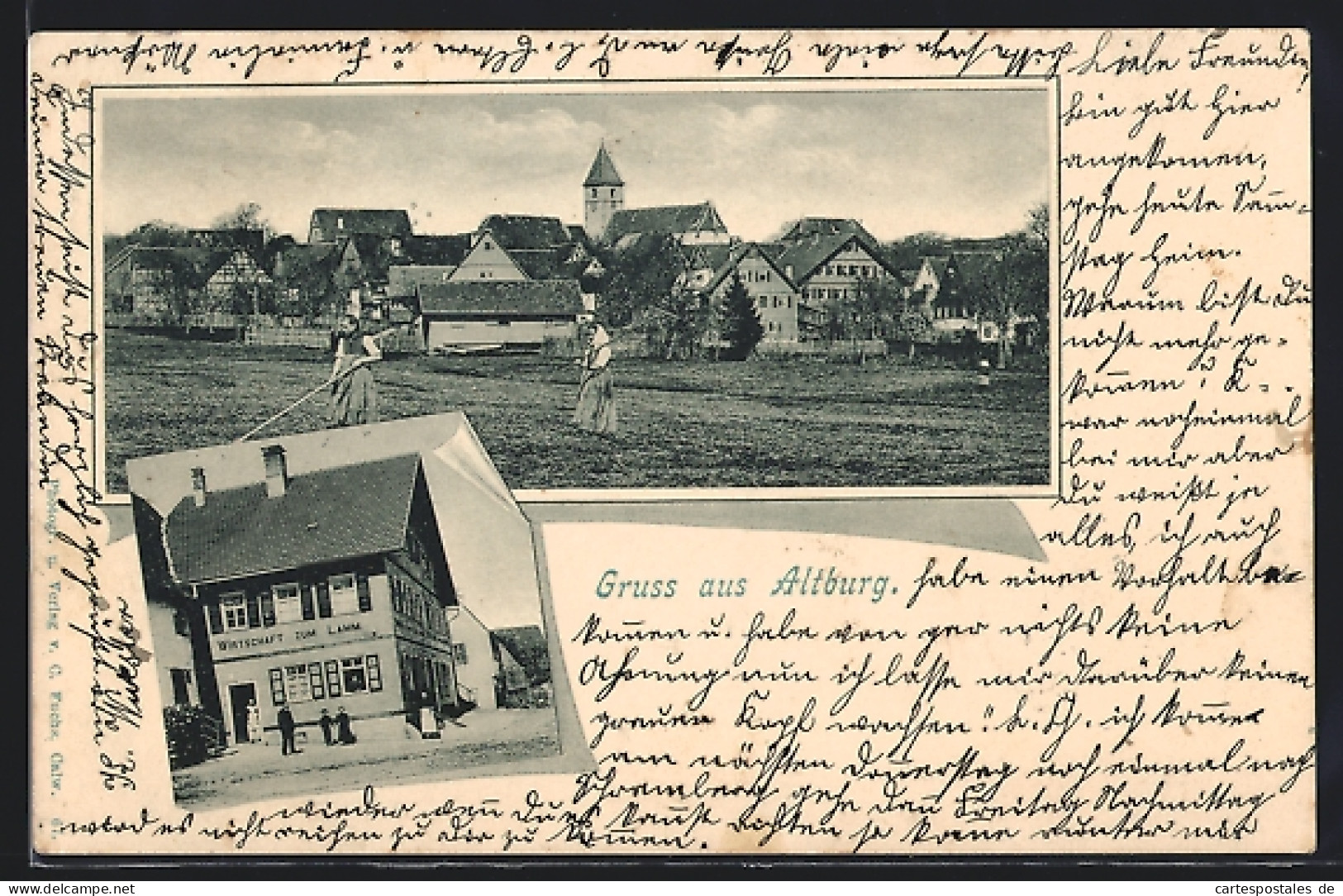 AK Altburg /Calw, Gasthaus Wirtschaft Zum Lamm, Ortsansicht Mit Landarbeiterinnen  - Calw