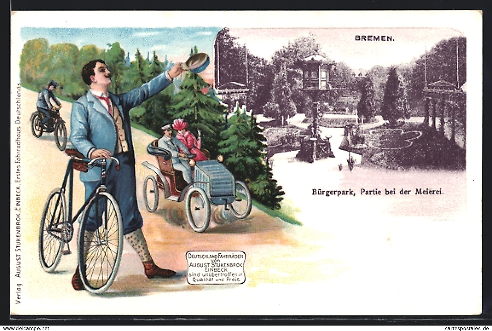 Lithographie Bremen, Bürgerpark-Partie Bei Der Meierei, Reklame Für Stukenbrock-Fahrräder  - Bremen