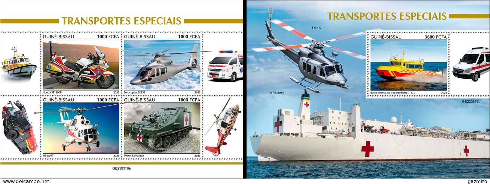 Guinea Bissau 2023, Transport, Helicopter, Boat, Red Cross, 4val In BF +BF - Bateaux