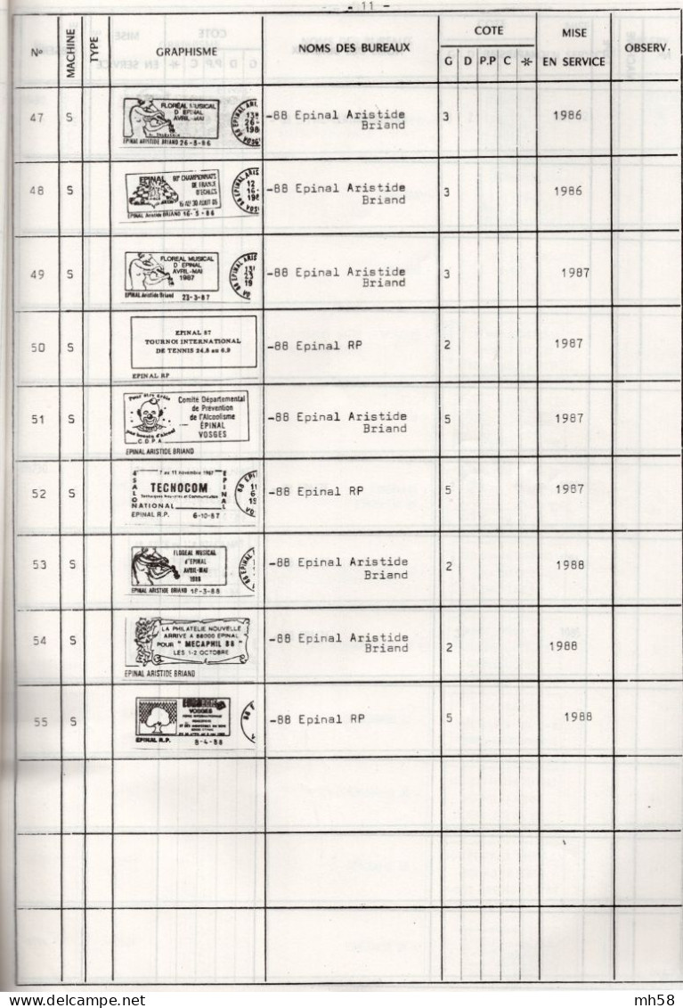 AS.CO.FLAM. 1988 - Catalogue Permanent Des Oblitérations Mécaniques Flammes Département 88 VOSGES - Machine Postmarks