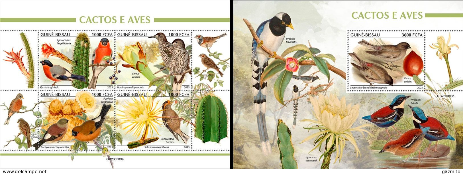 Guinea Bissau 2023, Cactus And Birds, 4val In BF +BF - Sperlingsvögel & Singvögel