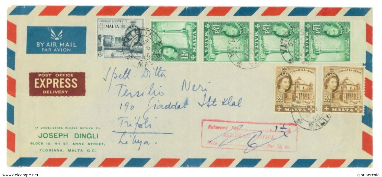 P3031 - MALTA, 1956 COVER GOING TO TRIPOLI, SCARCE RED BOXE HAND MARK, “RETURNED FOR ADDITIONAL POSTAGE”” - Malta (...-1964)