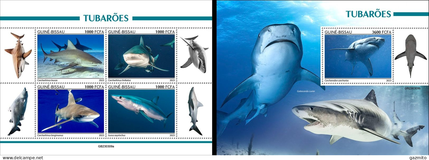 Guinea Bissau 2023, Animals, Sharks, 4val In BF +BF - Fishes