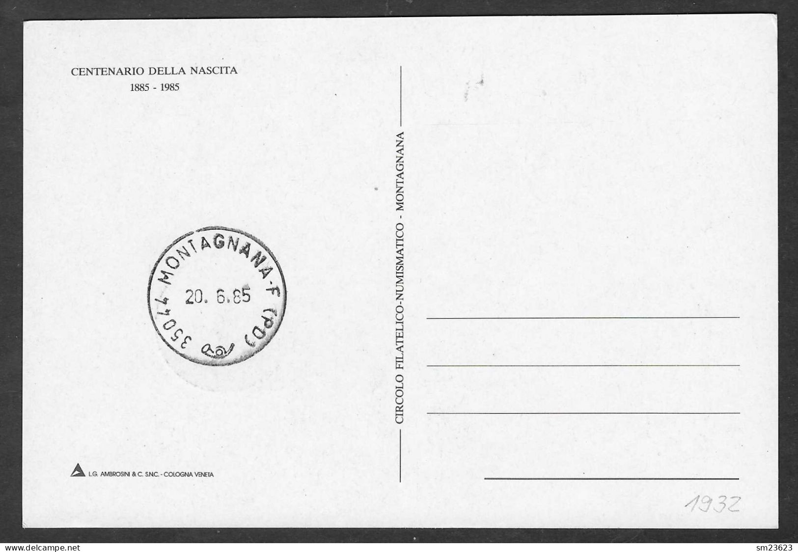 Italien / Italia 1985  Mi.Nr. 1932 , EUROPA CEPT Europäisches Jahr Der Musik - Maximum Card - Montagnana 20.6.1985 - 1985