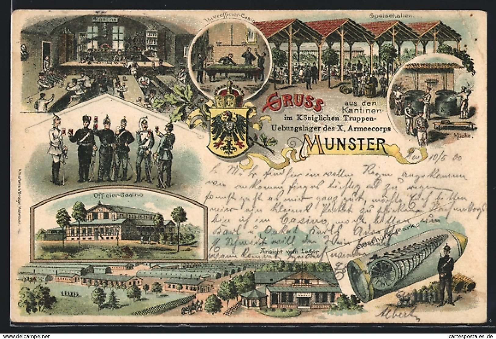 Lithographie Munster, Übungslager Des X. Armeekorps, Officier-Casino, Kantine, Speisehallen, Ansicht Vom Lager  - Munster